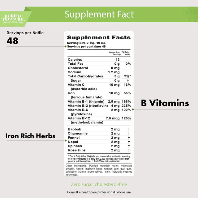 Herbal Iron - Liquid Iron Supplement with Vitamins & Herbs for Women - Supports Iron levels, Energy - Superfood Ingredients - 16oz, 48 Servings