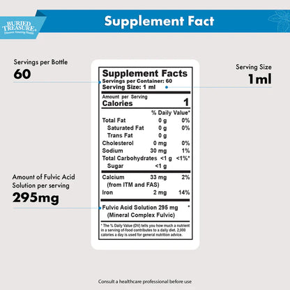 Fulvic Mineral Drops - High Concentration Fulvic Acid, 295 mg Trace Minerals per mL, Includes Calcium & Iron, 33 mg Calcium, 2 mg Iron per Serving, Liquid Mineral Supplement - 2 fl oz